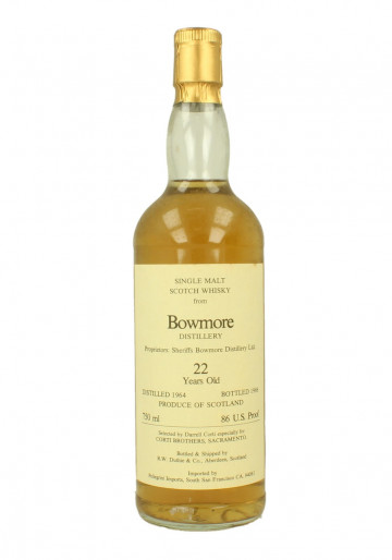 Bowmore Islay  Scotch Whisky 22yo 1964 1986 75cl 86 US-proof R.W. Duthie - for Corti Brothers